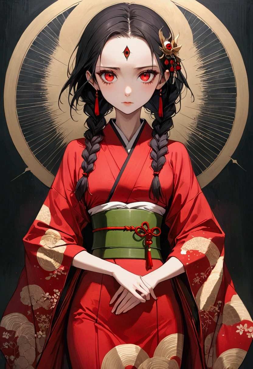 (((1 Girl，Double braid，solo，third red eye on the forehead，))),(((Gorgeous Japanese red kimono：1.6，Eye Diagram，dark pattern))).(((Thin waist，Greenbelt：1.37)))whole body