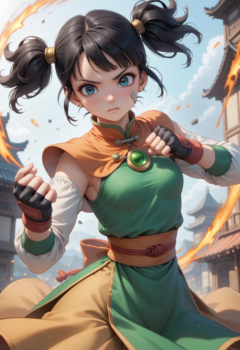 1girl, solo, female fighter, dragon quest 3, fighting stance, band-aid on cheek, hair ornaments, sash, orange capelet, black fingerless gloves, short hair, black hair, short twintails, bangs, small breasts, sexy, green chinese dress, sleeveless dress, white shirt, long sleeves, puffy pants, masterpiece quality, intricate detail, 4k resolution, ultra hd