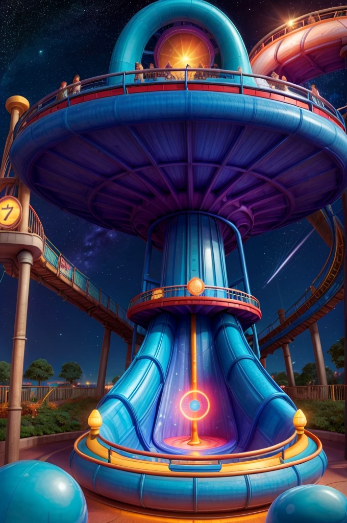 an amusement park in a spiritual dimension, overlooking the universe, a large circle-shaped slide with colored water on the slide, imagine a realistic view from the top of a roller coaster overlooking the night sky
