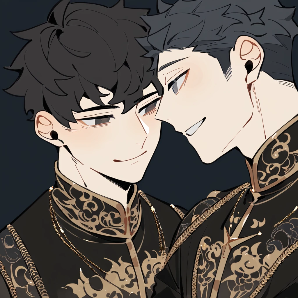 2 young men, focus man , Yaoi, pair,smile, (ไร้smile, human, short hair, black hair, dark black eyes ,He wore a black robe with some gold embroidery. , Wear black jewelry ), (loongs , human, I'm shaking.,Brown blonde hair, Undercut style, brown eyes) , Fantasy, The best aesthetics , best quality, Amazing quality, The best aesthetics
