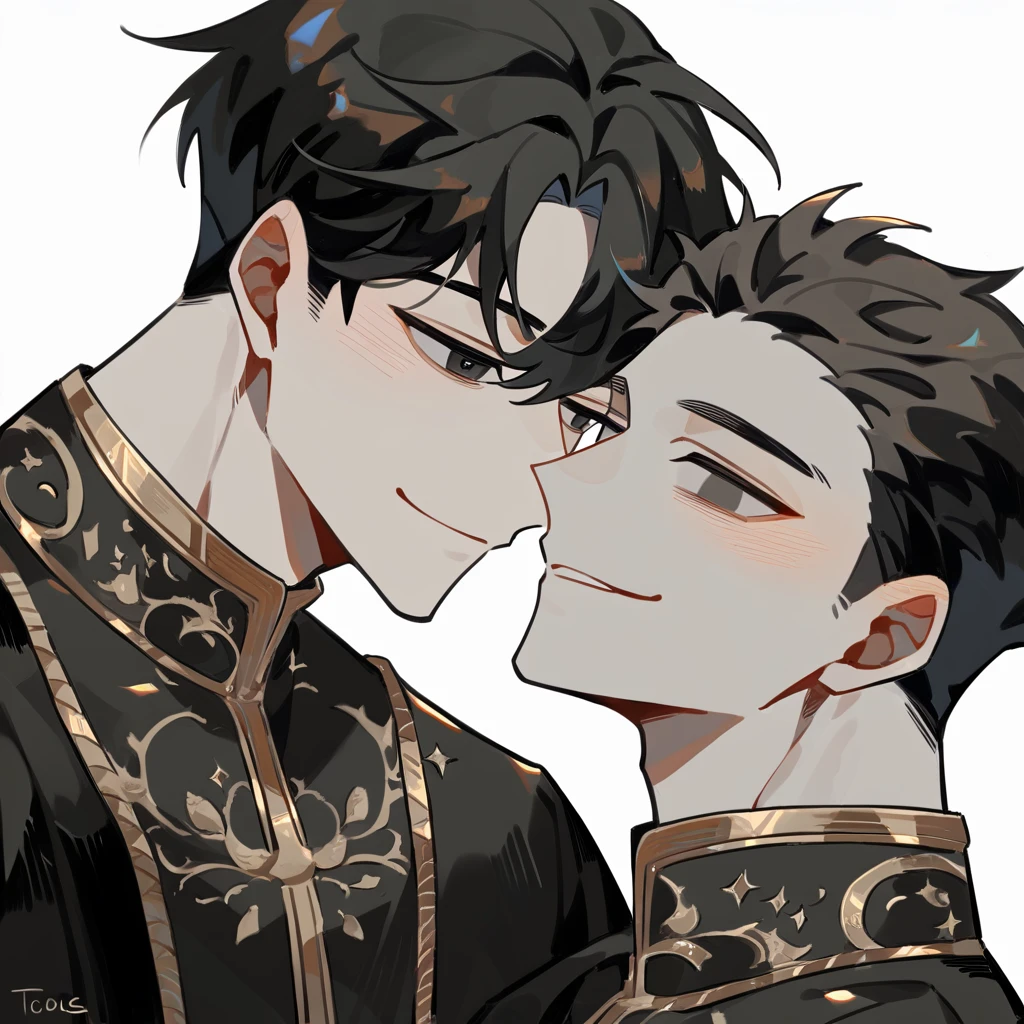 2 young men, focus man , Yaoi, pair,smile, (ไร้smile, human, short hair, black hair, dark black eyes ,He wore a black robe with some gold embroidery. , Wear black jewelry ), (loongs , human, I'm shaking.,Brown blonde hair, Undercut style, brown eyes) , Fantasy, The best aesthetics , best quality, Amazing quality, The best aesthetics