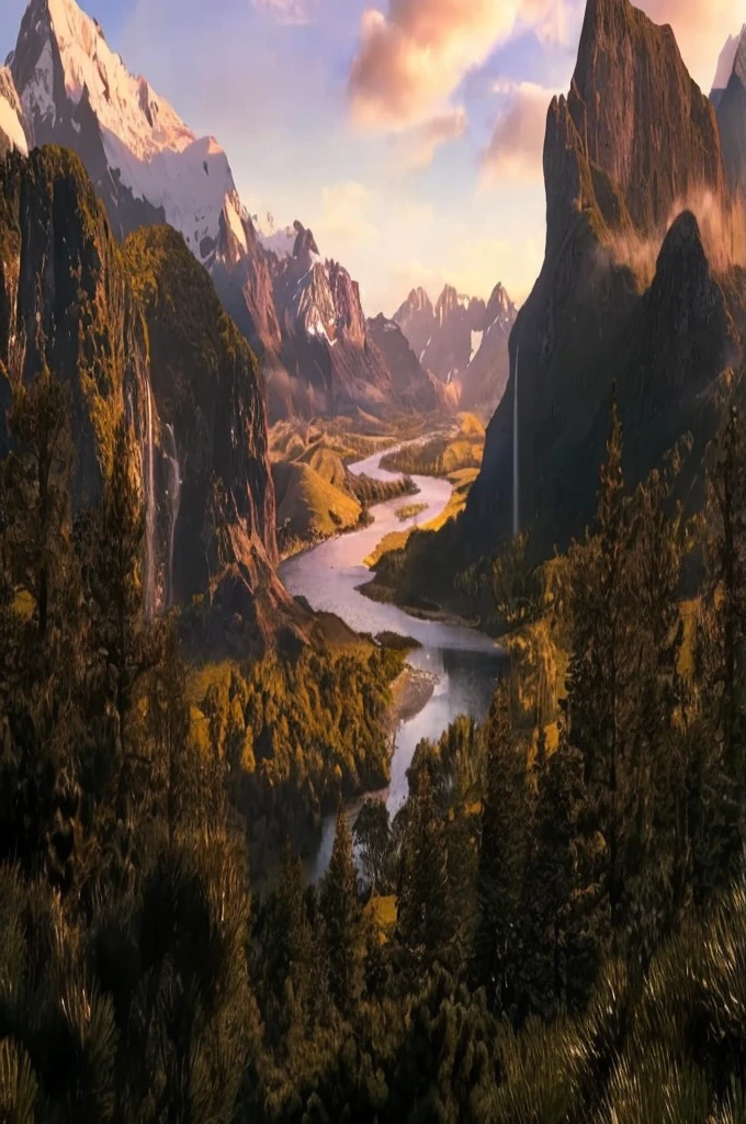 mountains and a river in the foreground with a mountain in the background, max rive, 8 k matte painting, 8k matte painting, the most beautiful landscape, epic beautiful landscape, beautiful mattepainting, majestic nature scenery, matte painting scenery, an amazing landscape image, epic cinematic matte painting, stunning matte painting, stunning nature in background, beautiful matte painting, most epic landscape