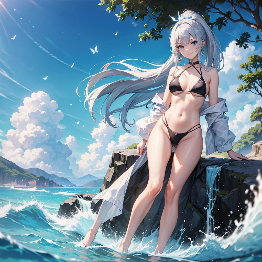 High resolution, masterpiece, accurate, Highest quality, Winner of numerous awards, High-resolution model,
Heavy bangs,Silver Hair,Wet Hair,Super long hair,ponytail,
slender,White skin,Medium chest Ice blue eyes,Sharp, thin eyebrows,smile,
Seaside,Western-style castle,
Butterfly Hair Ornament,Crystal Earrings,
Swimwear,Simple bikini,
Character portrait,Full body anime style, One girl, solo,