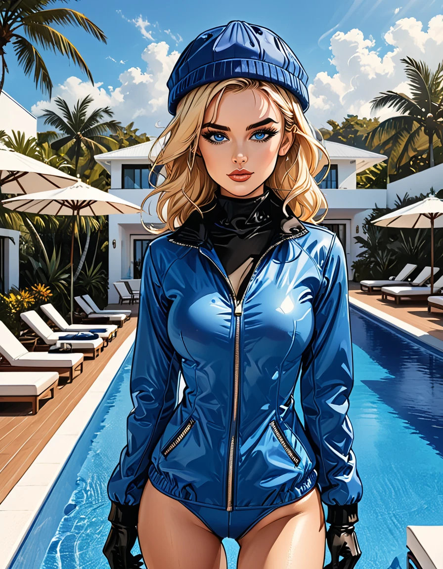 (((girl in Blue zipped up down winter jacket and black turtleneck )) and levis (jeans) and blue gloves and (((blue winter hat)))) walking against the backdrop of a white hotel in the tropics,outside, sun lounger, white hotel, swimming pool,adult, [Nordic], Hourglass elongated fitness body, perfect Olive skin, Oval Face, Rounded shoulders, perfect hand, (Short blonde Waves pixie hair), snub nose, Arched eyebrows, ((Monolid blue Eyes)), High Round Narrow cheekbones, Dimpled Cheeks, Rounded Chin, Rounded Jawline, Full nude Lips, (blue eyes), Nude Makeup Look, long eyelashes, third breast size, long slim fitness legs, graphic style of novel comics, perfect hands, 2d, 8k, hyperrealism, masterpiece, high resolution, best quality, ultra-detailed, super realistic, Hyperrealistic art, high-quality, ultra high res, highest detailed, lot of details, Extremely high-resolution details, incredibly lifelike, soft cinematic light,