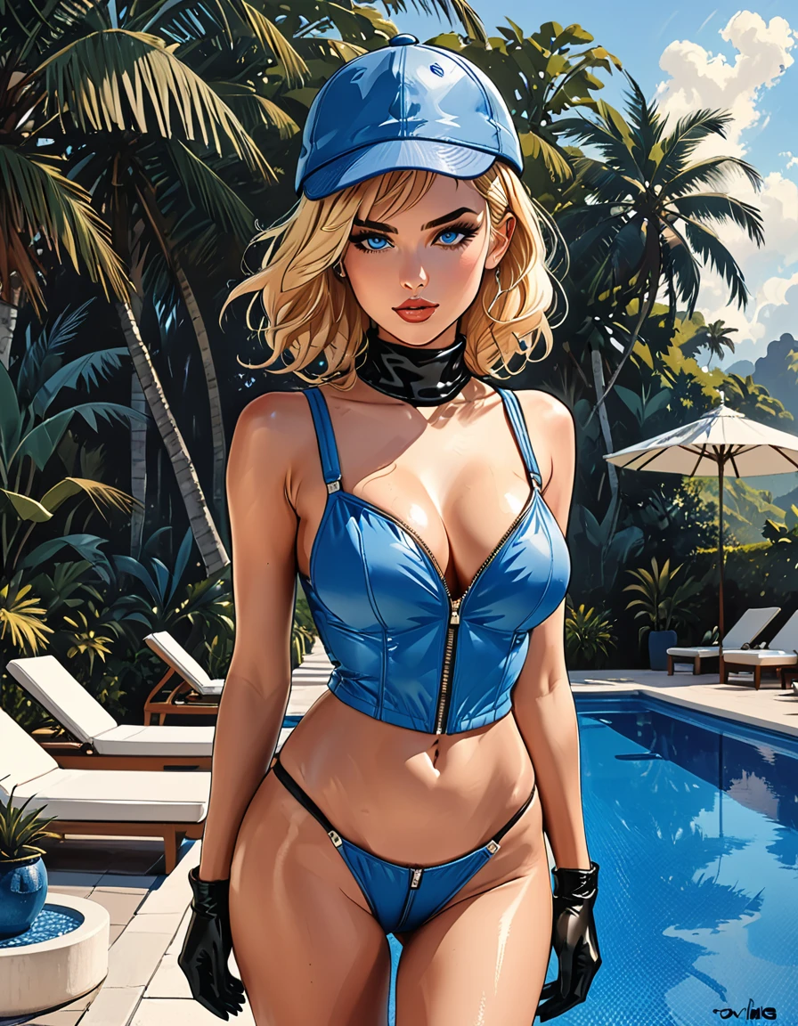 (((girl in Blue zipped up down winter jacket and black turtleneck )) and levis (jeans) and blue gloves and (((blue winter hat)))) walking against the backdrop of a white hotel in the tropics,outside, sun lounger, white hotel, swimming pool,adult, [Nordic], Hourglass elongated fitness body, perfect Olive skin, Oval Face, Rounded shoulders, perfect hand, (Short blonde Waves pixie hair), snub nose, Arched eyebrows, ((Monolid blue Eyes)), High Round Narrow cheekbones, Dimpled Cheeks, Rounded Chin, Rounded Jawline, Full nude Lips, (blue eyes), Nude Makeup Look, long eyelashes, third breast size, long slim fitness legs, graphic style of novel comics, perfect hands, 2d, 8k, hyperrealism, masterpiece, high resolution, best quality, ultra-detailed, super realistic, Hyperrealistic art, high-quality, ultra high res, highest detailed, lot of details, Extremely high-resolution details, incredibly lifelike, soft cinematic light,