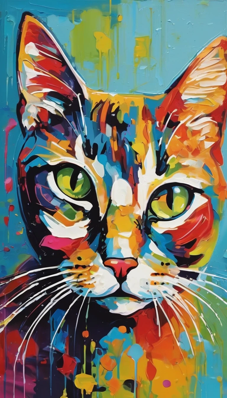 Cute Cat Face Painting,robot,Rich oil art,On the background of the text, Abstracted , Abstract Portrait, Stylized face, Pop Art Painting, Dripping Paint,Expressive detail face, Expressive cat, Inspired by Picasso, Pop Art Painting, Beautiful and expressive paintings, Picasso-style, Cubist style