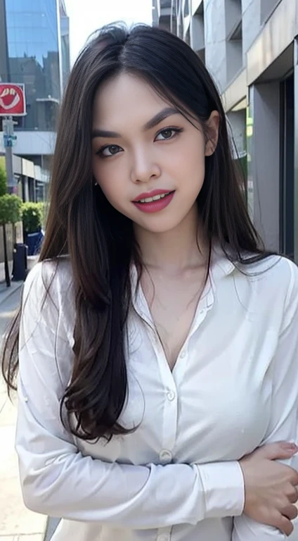 (best quality, masterpiece:1.2), white background, realistic, crew neck, closed-neckline, pants, (business jacket:1.2), (brown hair:1.2), big eyes, beautiful woman, smile, eyelashes, highly detailed face, fierce look, angry look, (long sleeved shirt: 1.2), looks like a naughty celebrity but is a good girl, virgin girl, inexperienced virgin girl, full body, (slanted angry eyebrows: 1.6), (discrete sex appeal: 1.0), (big kind smile: 1.2), (open mouth smile: 1.2), (happy: 1.2), (kind face: 1.2), (genuine smile: 1.2), (genuine smiling eyes: 1.2), innocent girl that looks naughty, traditional girl, (downtown city background: 1.2), looks angry but is not, extremely kind girl