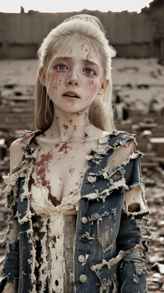 War ruins, (Pale girl:1.4), (standing on the edge of death), ((In tattered and tattered clothes, Dirty body)), beautiful girl, Young face, Highest quality, 8ก, Masterpiece, (Detailed eyes and face), (detailed hands), Professional photography techniques, movie theater lighting, (tears from eyes), ((dying expression))