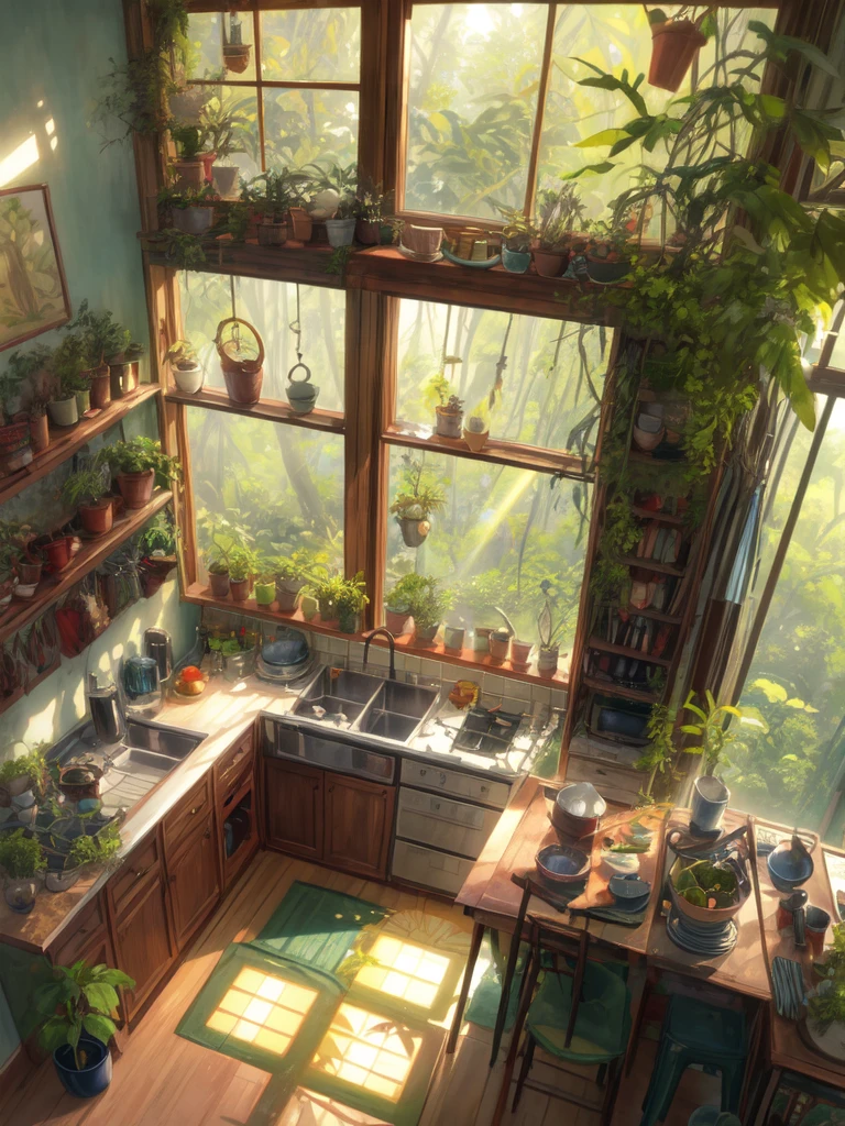 super wide perspective, an indoor view of beautiful indo kitchen, forest visible from window, ghibli anime scene, pots with tropical leafy plants, shelf, organiser, sunrays falling on table, utensils, refrigerator, shadows, cinematic color tones, subtle light, vibrant color tones, ghibli style, no humans, scenery, masterpiece, high resolution 