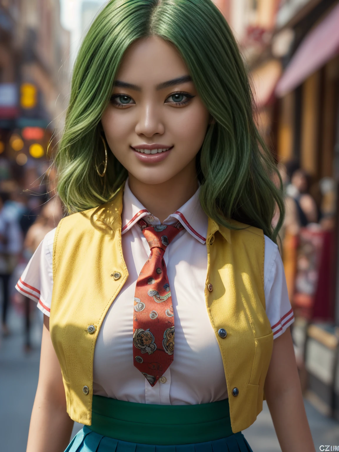 (1 lady), (Best quality at best:1.4), (ultra - detailed), (extremely detailed CG unified 16k), A Beautiful Woman with Perfect Figure: 1.4, Sharp Focus: 1.2, very detailed, High-definition RAW color photo, professional photoshooting, amazing face and eyes, cosmetics, (amazingly beautiful girl), ((Mion Sonozaki)), ((white shirt, red necktie, yellow vest, red skirt)), standing, sexyposture,(Stylish urban landscape, day light), (look from down), realistic cinematic face, head to feet long wide zoomed out view, full body long view, photorealistic, ((realistic natural green hair style, green eyes, long hair)), gorgeous, extremely beautiful face, perfect model beauty, pout mouth, Highly Detailed Face and Skin Texture, Detailed Eyes, Double Eyelids, Big Breasts, Smile, cleavages, western, (masterpiece), best quality, high resolution, extremely detailed, detailed background, depth of field, cinematic lighting, amazing legs, clear and well-cared skin, (((woman occupies most of the picture)))