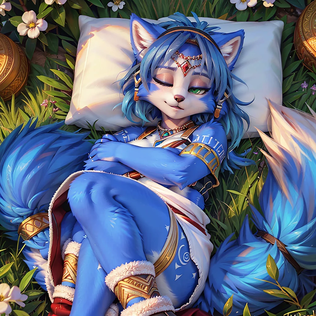 A beautiful and detailed (sweet picture) of ((Krystal)), Star Fox Krystal, (green eyes), medium breasts, (((Long blue hair 1.3))), anthro, furry, (of Fluff-Kevlar, Bayard Wu, Personalami, Pino Daeni), detailed fluffy fur, detailed face, (fluffy), 1 girl, alone, lies on a meadow, looks at the viewer, ((Viewer is above her:1.4)), (sleeps curled up:1.4), (((cuddles with her tail.1.5)))
