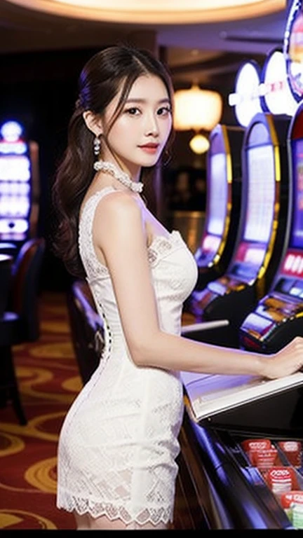 A woman in an arafé in a white dress poses by the pool., elegant corset, corset, white lace, Gorgeous Chinese model, charming and charming, beautiful korean woman, beautiful korean girl, Yoshitomo Nara, สวมชุดwhite laceสลับซับซ้อน, Sazi, beautiful woman in white dress, Xindong Chen, beautiful korean girl (random background,In casinos,VIP casino room, Modern Casino Console, Modern Slot Machines )