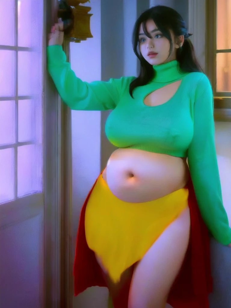 femme obèse dans un pull jaune et une culotte verte tenant une lampe, she has a round and big belly, her belly is big and round, corps thick, thick, her navel is exposed, belle femelle thickse, extremely plump, large stomach, hyperrealistic complete figure, fat belly, curved model, belly exposed, corps voluptueux, hanches les plus larges