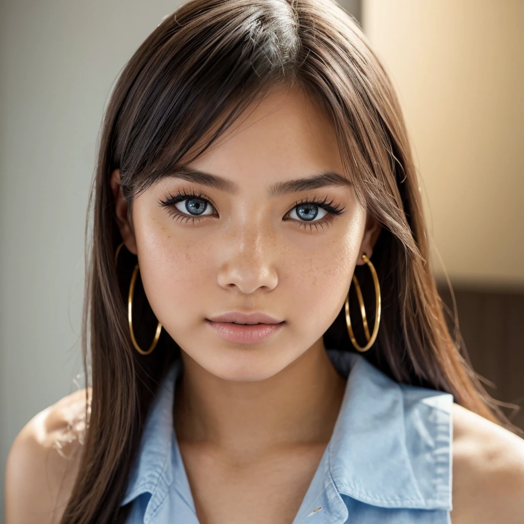 (masterpiece) A young 19-year-old woman named Lila Nakamura with a Japanese mix Northern European heritage. She has thick dark black eyeliner, glossy lips, and a cute, endearing expression. She has straight, beautiful blonde hair that falls just past her shoulders, styled in a neat and polished manner. Her eyes are almond-shaped with a light, striking blue color, accentuated by subtle eyeshadow and mascara. Her skin has a light tone with a natural, fresh look, and she has a few delicate freckles across her nose. She is wearing a simple, professional outfit, consisting of a white blouse and dark jeans, and accessorized with small gold hoop earrings. The background is a neutral studio setting with soft lighting to highlight her features.