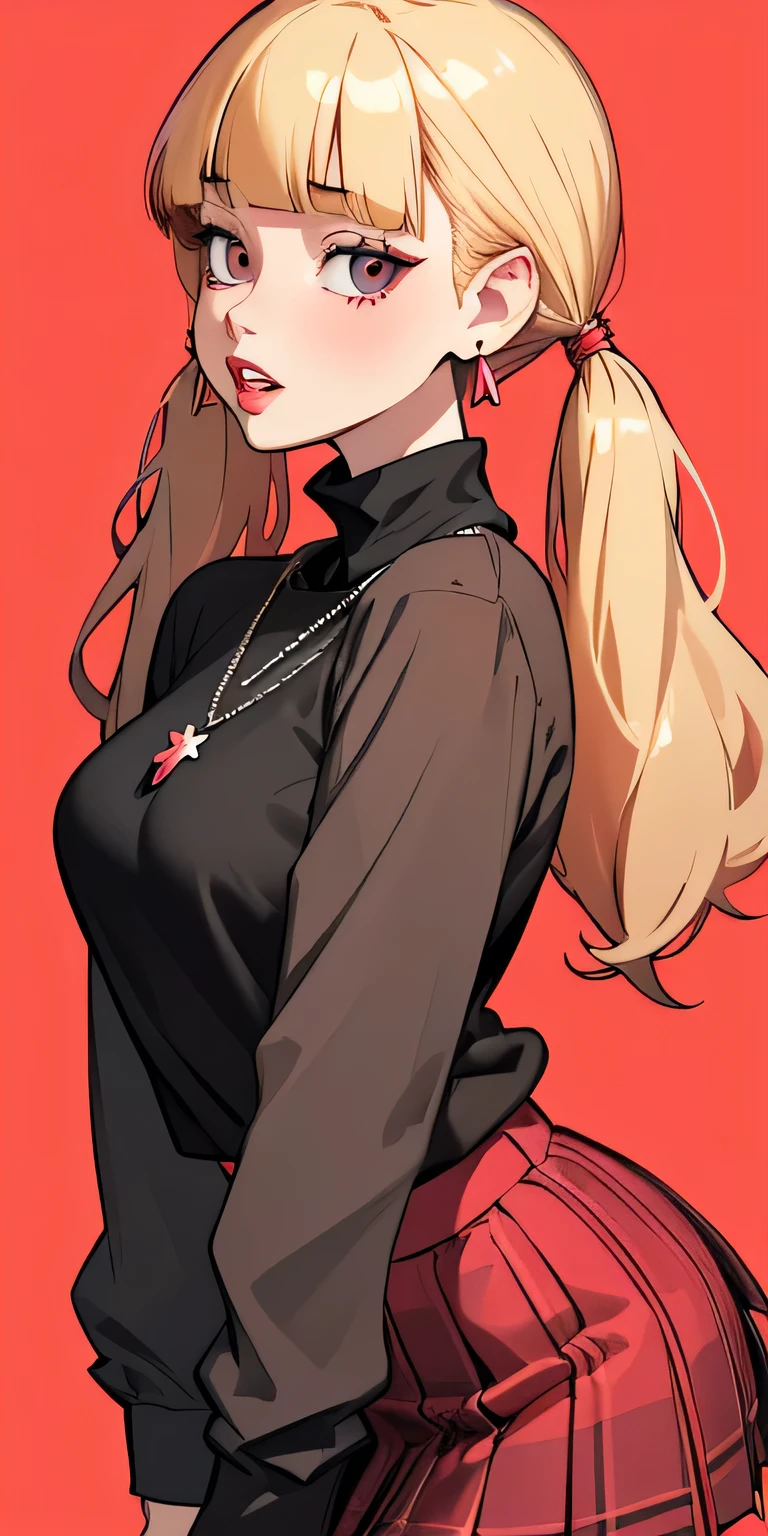 1girl, solo, twintails, skirt, jewelry, plaid skirt, necklace, plaid, long hair, simple background, red background, blonde hair, red skirt, blunt bangs, earrings, pink background, long sleeves, grey eyes, looking at viewer, breasts, parted lips, red lips, shirt, upper body, black shirt, teeth, from side, medium breasts, turtleneck, lips, leaning forward