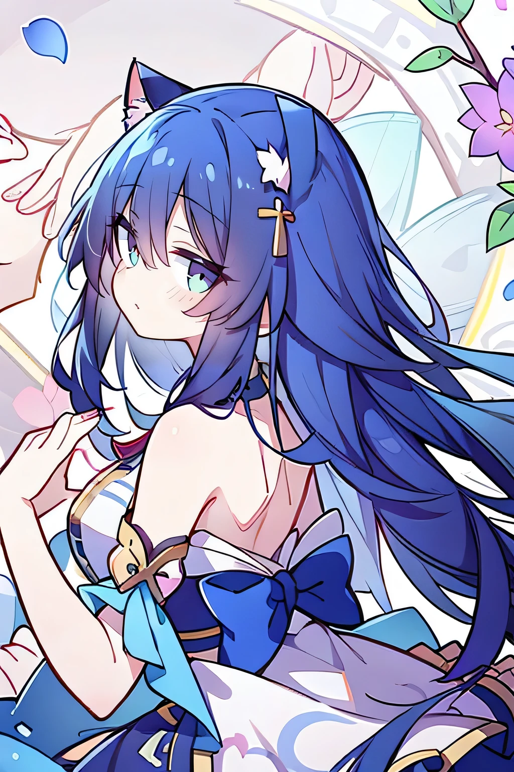 (masterpiece:1.2),Super detailed,lifelike,Expressive eyes,fair skin,perfect face shape,1 girl,
Japanese comics,Gorgeous blue hair,flowing blue hair,flowing clothes,Cat ears,Petals fall,beautiful lola,Baby Angel,
Shaking head with one hand,Cross your legs,,The pavilion is cool and comfortable,smile,back views,sunrise,Petals fall