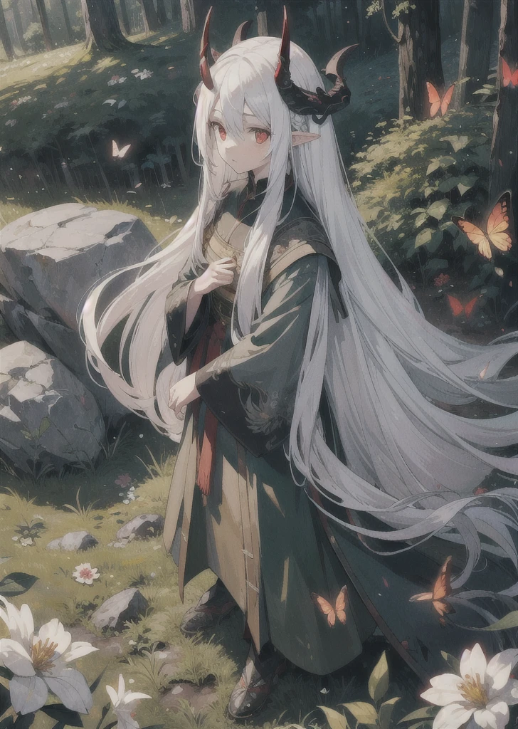 field, 1girl, white_hair, long_hair, red_eyes, very_long_hair, horns, forest, rocks, solo, solo_focus, night, butterflies, flowers, leaves, highly detailed, detailed background
