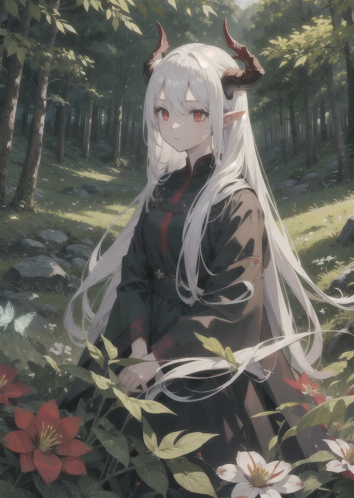 field, 1girl, white_hair, long_hair, red_eyes, very_long_hair, horns, forest, rocks, solo, solo_focus, night, butterflies, flowers, leaves, highly detailed, detailed background