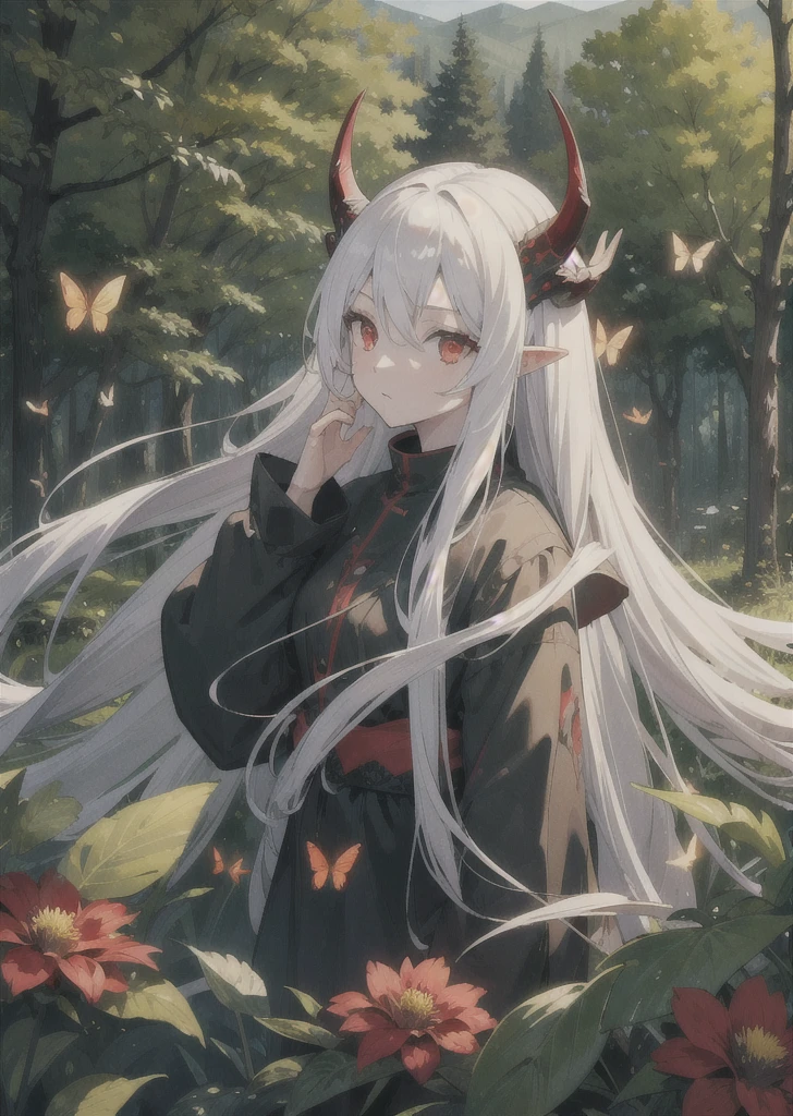 field, 1girl, white_hair, long_hair, red_eyes, very_long_hair, horns, forest, rocks, solo, solo_focus, night, butterflies, flowers, leaves, highly detailed, detailed background