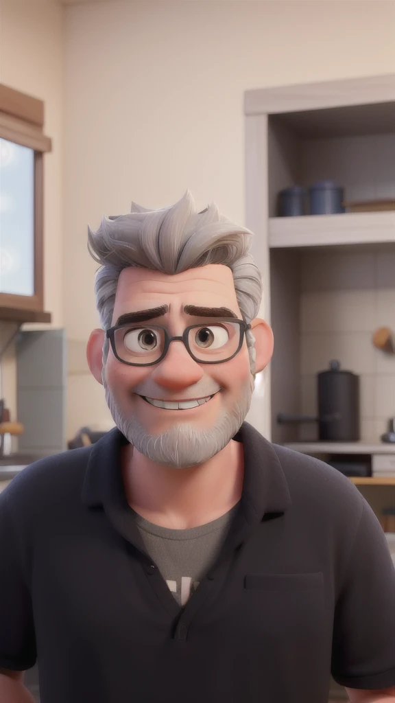 Create a realistic Pixar-style 3D animated version of myself. a man with gray hair, with a high quiff facing one side, Brown eyes, with beard