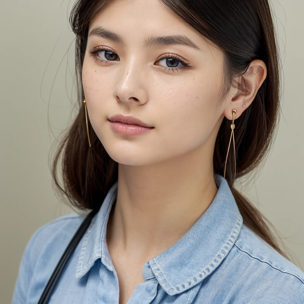 (masterpiece) A young 19-year-old woman named Lila Nakamura with a Japanese mix Northern European heritage. She has thick dark black eyeliner, glossy lips, and a cute, endearing expression. She has straight, beautiful blonde hair that falls just past her shoulders, styled in a neat and polished manner. Her eyes are almond-shaped with a light, striking blue color, accentuated by subtle eyeshadow and mascara. Her skin has a light tone with a natural, fresh look, and she has a few delicate freckles across her nose. She is wearing a simple, professional outfit, consisting of a white blouse and dark jeans, and accessorized with small gold hoop earrings. The background is a neutral studio setting with soft lighting to highlight her features.