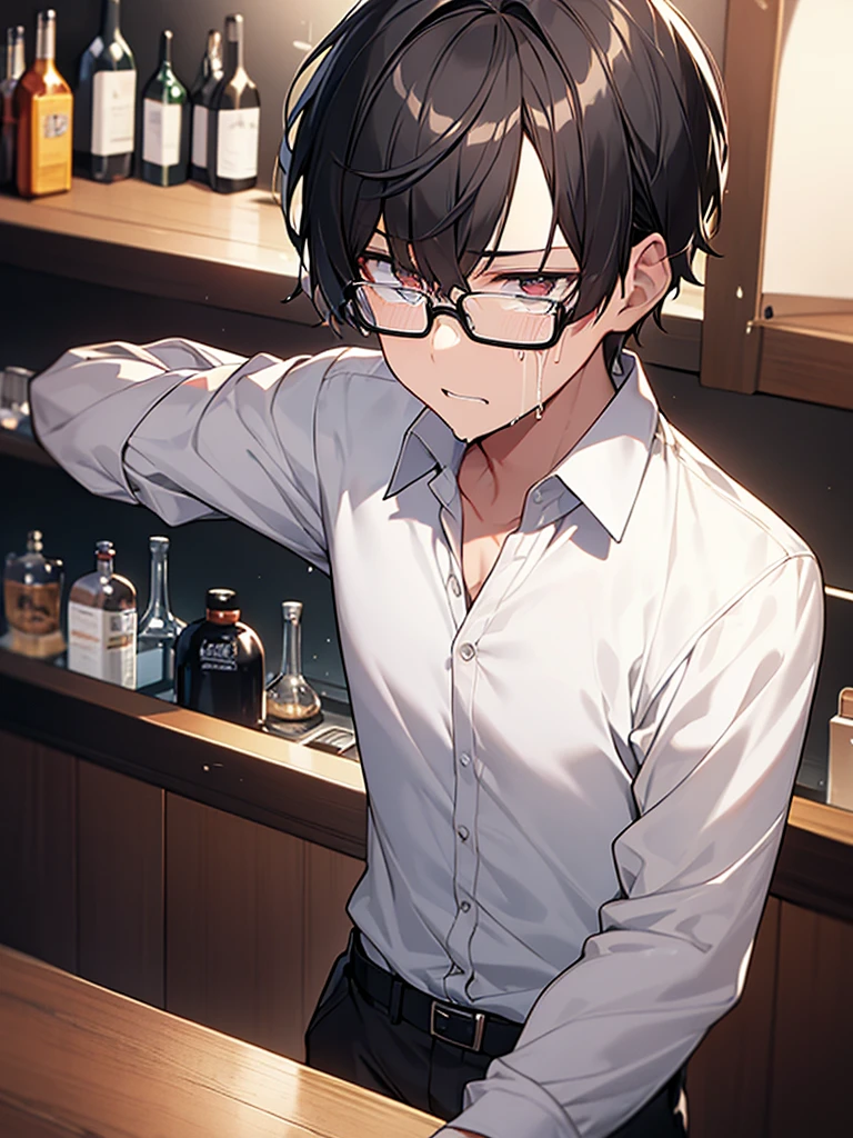 Black-haired, nerdy young man, white shirt, jacket, bar counter, pitiful crying face, wrinkles on eyebrows, glasses