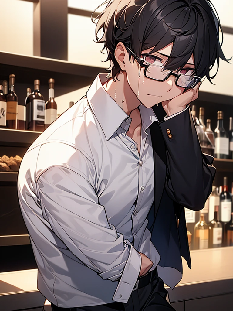 Black-haired, nerdy young man, white shirt, jacket, bar counter, pitiful crying face, wrinkles on eyebrows, glasses
