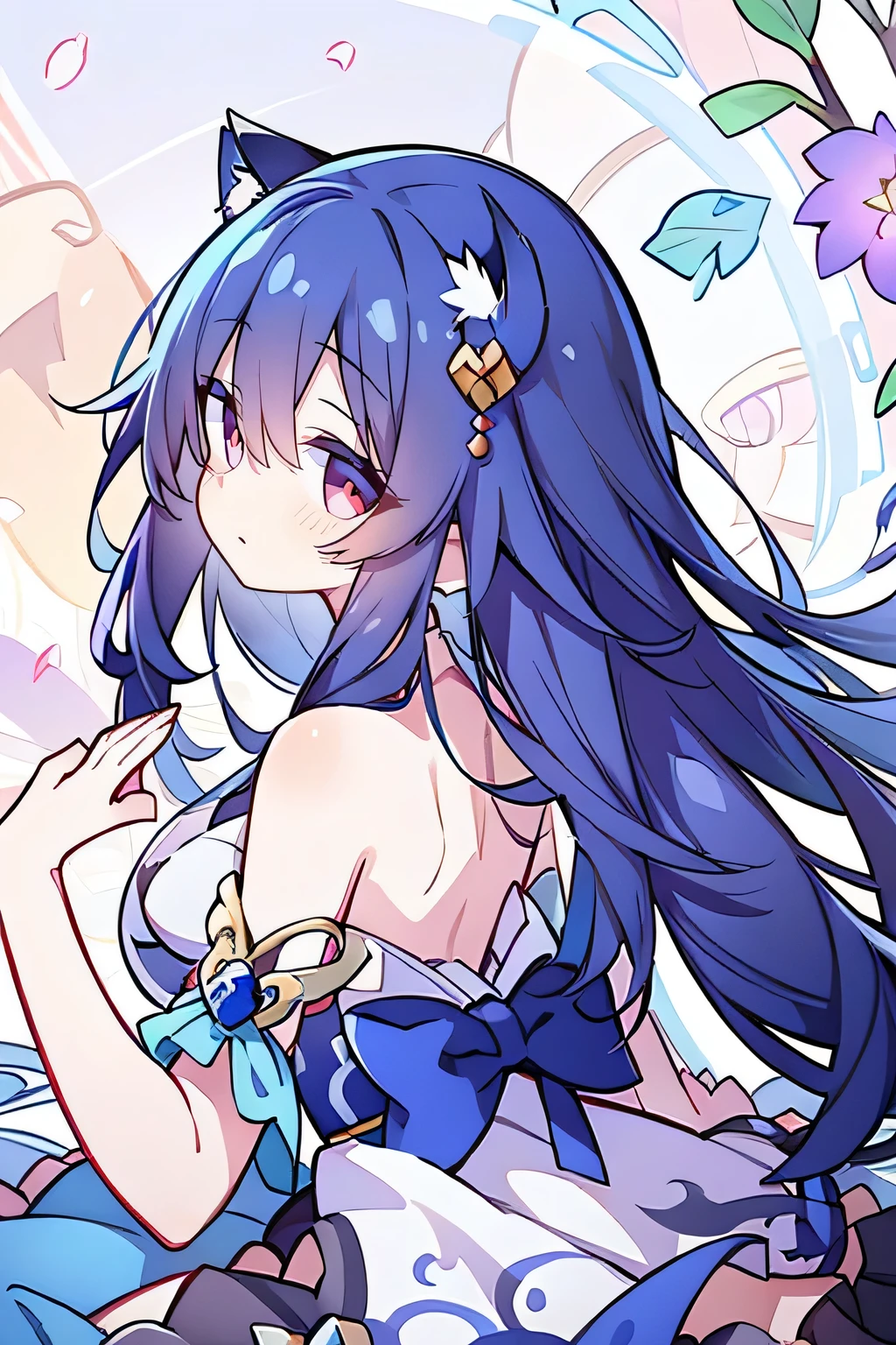(masterpiece:1.2),Super detailed,lifelike,Expressive eyes,fair skin,perfect face shape,1 girl,
Japanese comics,Gorgeous blue hair,flowing blue hair,flowing clothes,Cat ears,Petals fall,beautiful lola,Baby Angel,
Shaking head with one hand,Cross your legs,,The pavilion is cool and comfortable,smile,back views,sunrise,Petals fall,sunrise