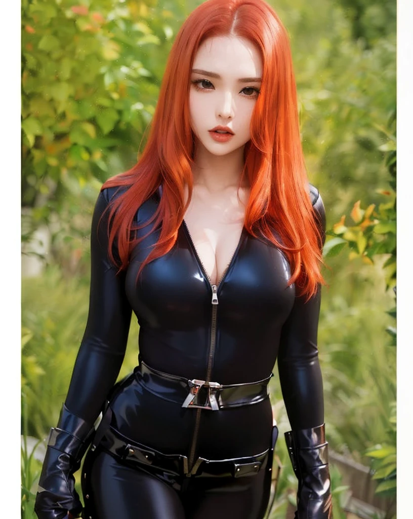 The image portrays a girl with red hair. She is dressed in a sleek skin-tight shiny black latex bodysuit with a deep-cut zipper neckline revealing a large chest, a silver zipper running down the front, black wrist guard, and a black belt. The woman is standing in an environment characterized by the presence of green plants.