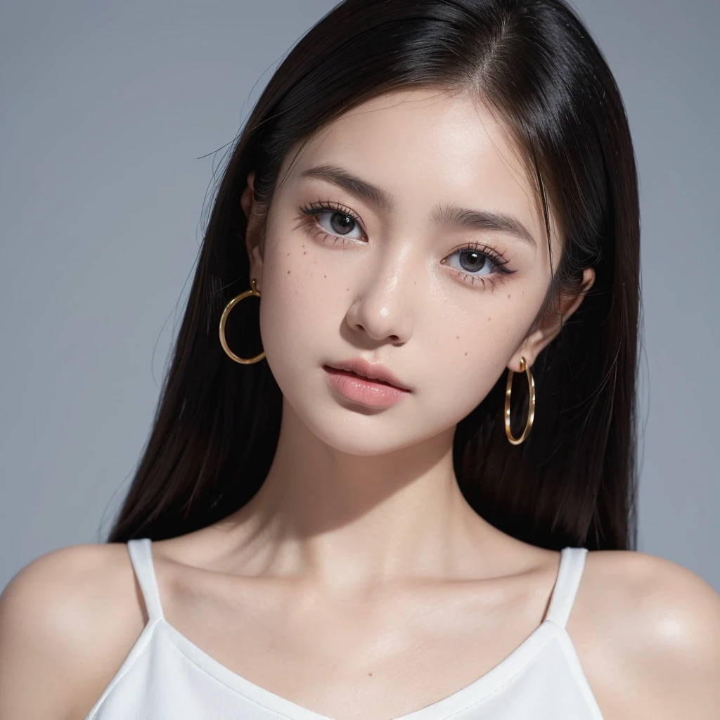 (masterpiece, top-quality、Beautiful woman full of adult charm:1.4、Head tilt),1girl in, 独奏, A dark-haired, realisitic, looking at the viewers, black eyes of light color, shorth hair, s lips, lipgloss,bangss, a closed mouth、big eye、Lashes、((Upper body naked))、((Shorthair with bangs、big eye、Put very strong highlights in your students、very Bigger breasts、gazing at viewer、Very beautiful beauty、Put your ears out、long neck、little smiling、Close your mouth and smile)))、28 year old、Cute supermodels