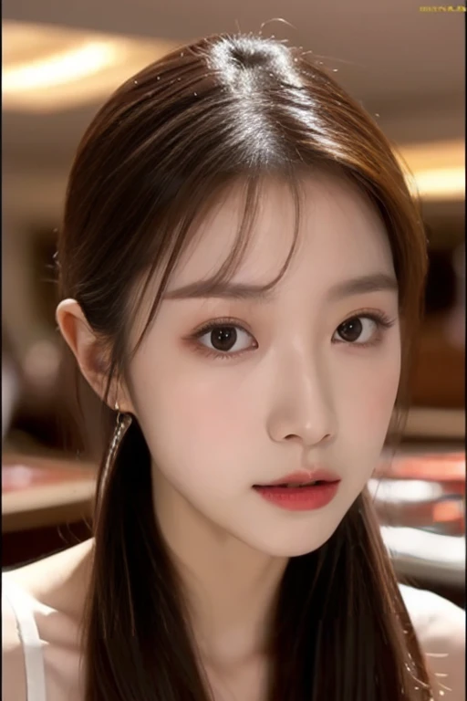 Medium close-up, rift, Jori, Joe lily, lily, ((Highest quality, 8ก, table top :1.3)), 1 woman, Beautiful woman emphasizes her slender tummy :1.3, (dark brown hair, ponytail, big breasts :1.2), wet body:1.2, pond, Highly detailed face, good eyes, Double eyelids、Take a full body photo:1.3 (random background,In casinos,VIP casino room, Modern Casino Console, Modern Slot Machines )