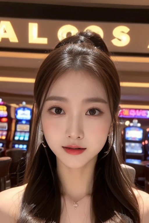 Medium close-up, rift, Jori, Joe lily, lily, ((Highest quality, 8ก, table top :1.3)), 1 woman, Beautiful woman emphasizes her slender tummy :1.3, (dark brown hair, ponytail, big breasts :1.2), wet body:1.2, pond, Highly detailed face, good eyes, Double eyelids、Take a full body photo:1.3 (random background,In casinos,VIP casino room, Modern Casino Console, Modern Slot Machines )