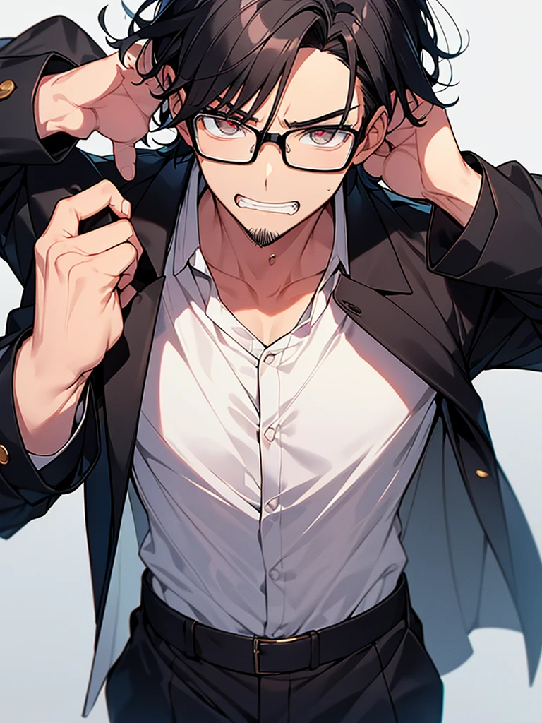 Black-haired, nerdy young man, white shirt, jacket, izakaya, angry face, wrinkled brow, glasses, clenched teeth