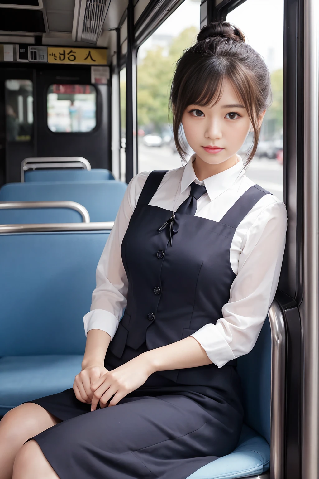 Create a close-up image of a beautiful Japanese woman who works as a bus guide with a seductive expression.。She wears a tight uniform、プロフェッショナルさとcharmを強調しています。Her hair was neatly tied up.、She has an elegant look with a bun or ponytail style.。The background is a softly blurred bus interior.、The warm lighting highlights her features.。The makeup is perfect、特に目と唇に重点を置いて彼女のcharmを引き立てています。Confident、She has a slightly mysterious look、Elegance、charm、And it creates a professional atmosphere.。The uniform fits her body perfectly.、Show off your curves but still look polished and professional。makes her silhouette look elegant、Make sure to highlight her style。
