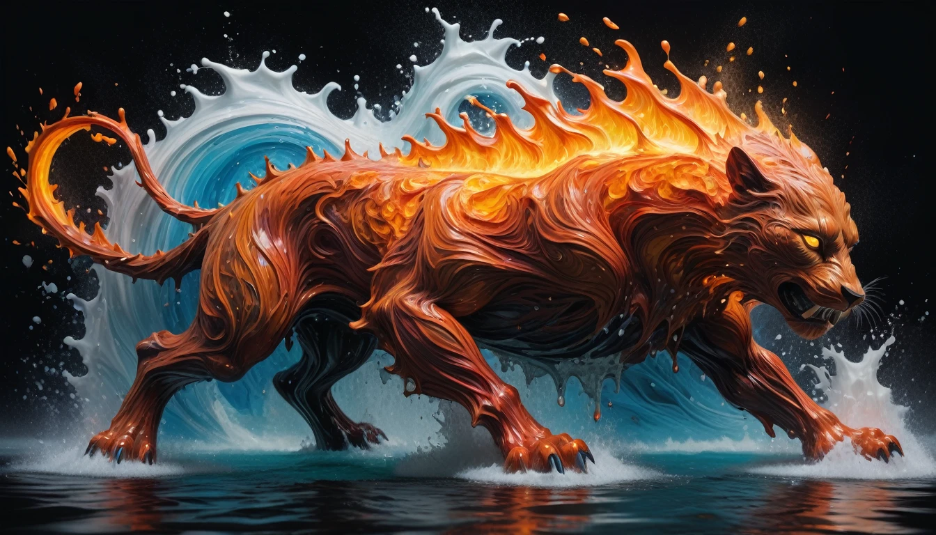 abstract expressionism,  intricately formed dynamic splash of fire and water in the shape of a lion