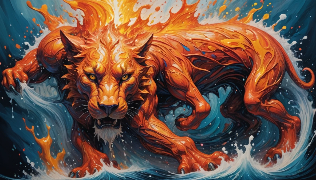 abstract expressionism, intricately formed dynamic splash of fire and water in the shape of a lion