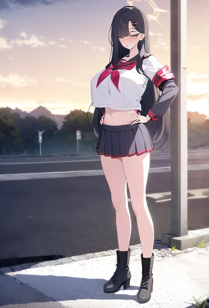 Masterpiece, best quality, high resolution, 1 woman , Ichika , long straight black hair , A cold expression , sailor shirt , short skirt , boots, Long legs , full body , abdomen , big breasts , Put your hands on your hips..... , roadside