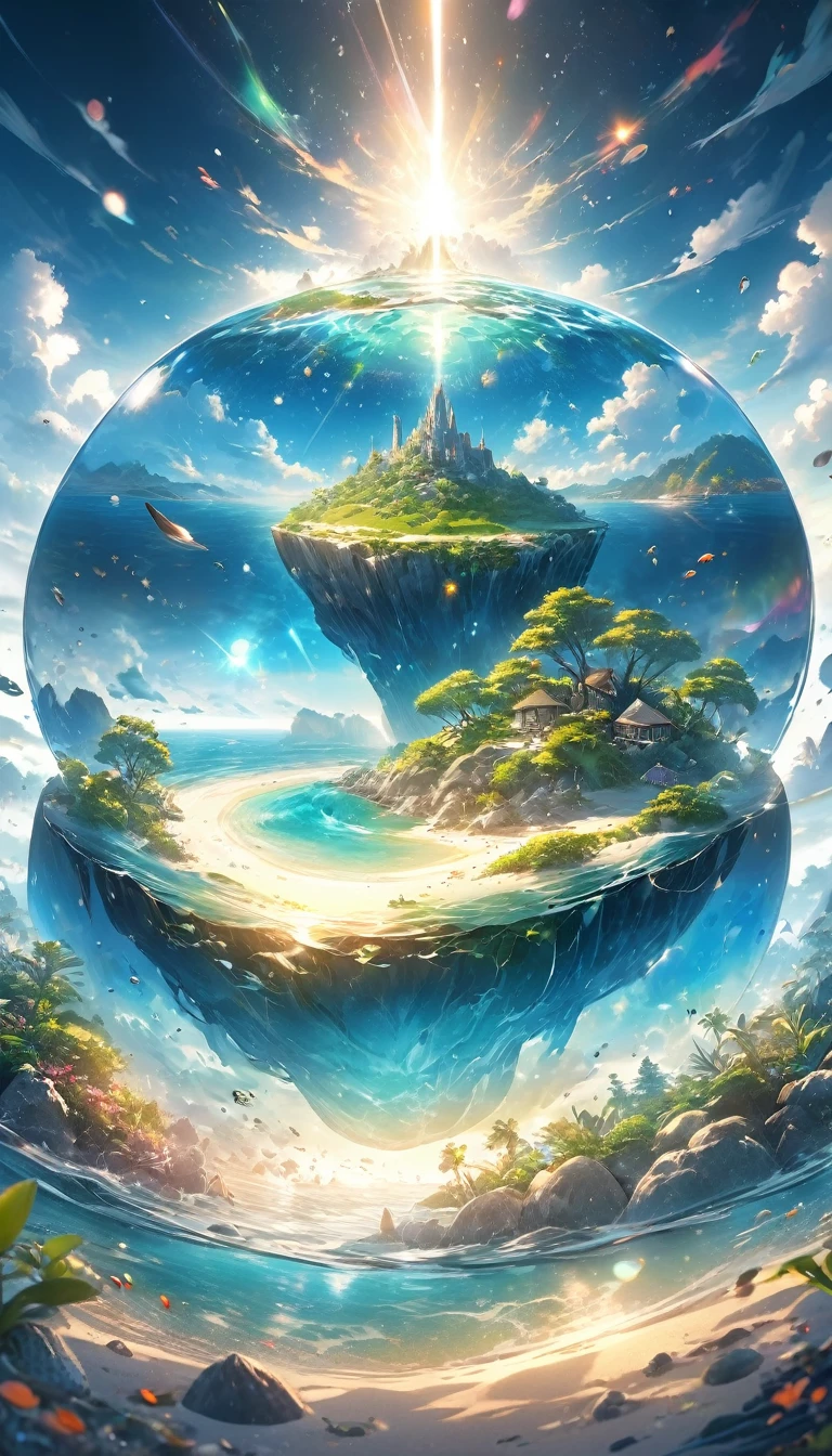 Very detailed, Super complex, Extremely precise, An island with a mysterious glow, Transparent full color, Holographic gloss and reflections, Pursuing the expressiveness of mysterious light, BREAK Mysterious Plant, Detailed and precise, Brightly colored fruits, The charm of fresh green, Meticulous and delicate brushwork combined with a beautiful balance of colors, BREAK Mysterious Rocks, Inorganic Silence, Detailed and realistic textures, The philosophy of loneliness, BREAK Mystical Water, High transparency, Fine and attractive liquid texture, The source of life, Absolute aesthetics beyond human rationality, Secret Beach, Tiny grains of sand, High quality sand, BREAK A magical island covered in mist, Mysterious accumulation, Mysterious light pours in, Dramatic lighting, Practical, Composition, Dynamic perspective, BREAK A work of art that depicts a mysterious island with extreme aesthetics, Super Retina,