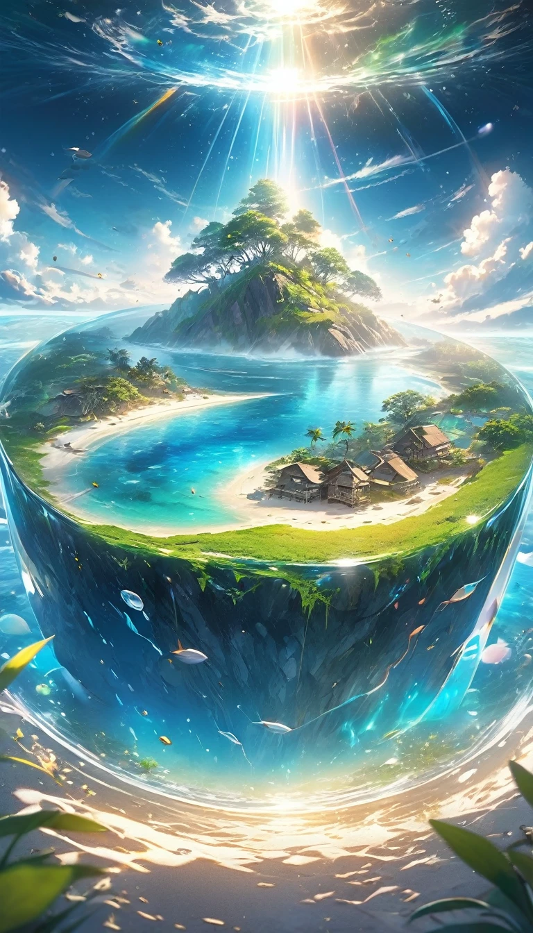 Very detailed, Super complex, Extremely precise, An island with a mysterious glow, Transparent full color, Holographic gloss and reflections, Pursuing the expressiveness of mysterious light, BREAK Mysterious Plant, Detailed and precise, Brightly colored fruits, The charm of fresh green, Meticulous and delicate brushwork combined with a beautiful balance of colors, BREAK Mysterious Rocks, Inorganic Silence, Detailed and realistic textures, The philosophy of loneliness, BREAK Mystical Water, High transparency, Fine and attractive liquid texture, The source of life, Absolute aesthetics beyond human rationality, Secret Beach, Tiny grains of sand, High quality sand, BREAK A magical island covered in mist, Mysterious accumulation, Mysterious light pours in, Dramatic lighting, Practical, Composition, Dynamic perspective, BREAK A work of art that depicts a mysterious island with extreme aesthetics, Super Retina, 