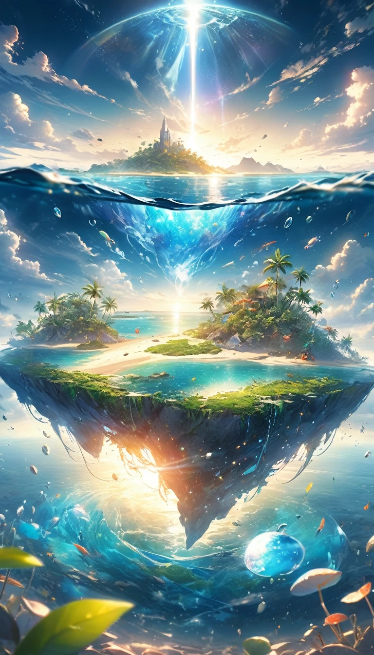 Very detailed, Super complex, Extremely precise, An island with a mysterious glow, Transparent full color, Holographic gloss and reflections, Pursuing the expressiveness of mysterious light, BREAK Mysterious Plant, Detailed and precise, Brightly colored fruits, The charm of fresh green, Meticulous and delicate brushwork combined with a beautiful balance of colors, BREAK Mysterious Rocks, Inorganic Silence, Detailed and realistic textures, The philosophy of loneliness, BREAK Mystical Water, High transparency, Fine and attractive liquid texture, The source of life, Absolute aesthetics beyond human rationality, Secret Beach, Tiny grains of sand, High quality sand, BREAK A magical island covered in mist, Mysterious accumulation, Mysterious light pours in, Dramatic lighting, Practical, Composition, Dynamic perspective, BREAK A work of art that depicts a mysterious island with extreme aesthetics, Super Retina, 