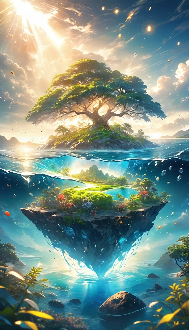 Very detailed, Super complex, Extremely precise, An island with a mysterious glow, Transparent full color, Holographic gloss and reflections, Pursuing the expressiveness of mysterious light, BREAK Mysterious Plant, Detailed and precise, Brightly colored fruits, The charm of fresh green, Meticulous and delicate brushwork combined with a beautiful balance of colors, BREAK Mysterious Rocks, Inorganic Silence, Detailed and realistic textures, The philosophy of loneliness, BREAK Mystical Water, High transparency, Fine and attractive liquid texture, The source of life, Absolute aesthetics beyond human rationality, Secret Beach, Tiny grains of sand, High quality sand, BREAK A magical island covered in mist, Mysterious accumulation, Mysterious light pours in, Dramatic lighting, Practical, Composition, Dynamic perspective, BREAK A work of art that depicts a mysterious island with extreme aesthetics, Super Retina, 