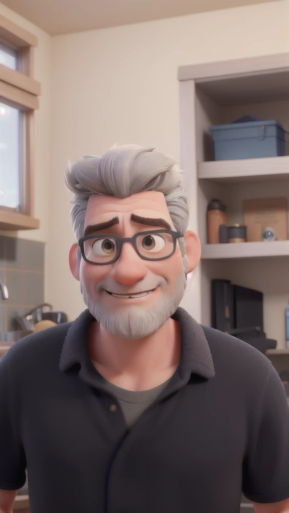 Create a realistic Pixar-style 3D animated version of myself. gray hair, with a high quiff facing one side, Brown eyes, with beard