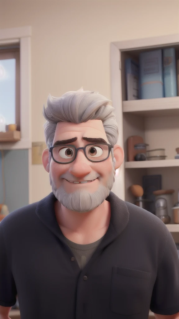 Create a realistic Pixar-style 3D animated version of myself.  gray hair, with a high quiff facing one side, Brown eyes, with beard 