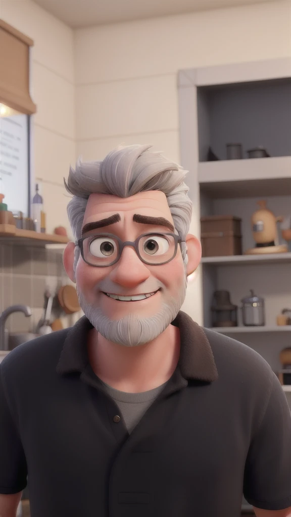 Create a realistic Pixar-style 3D animated version of myself.  gray hair, with a high quiff facing one side, Brown eyes, with beard 