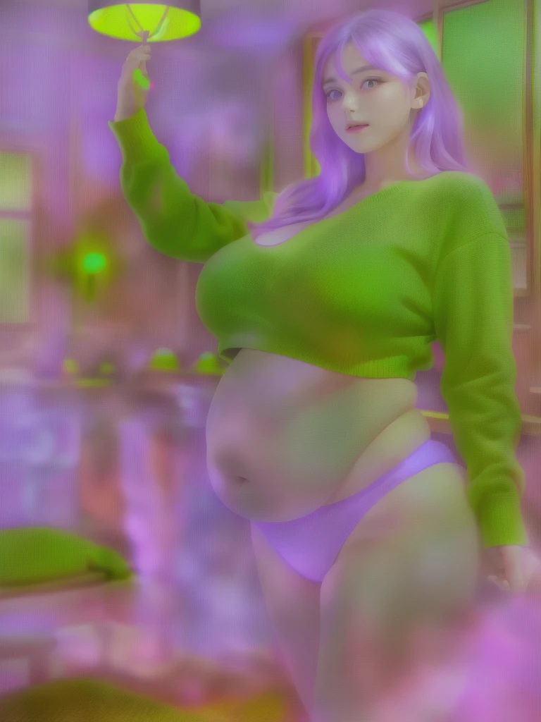 femme obèse dans un pull jaune et une culotte verte tenant une lampe, she has a round and big belly, her belly is big and round, corps thick, thick, her navel is exposed, belle femelle thickse, extremely plump, large stomach, hyperrealistic complete figure, fat belly, curved model, belly exposed, corps voluptueux, hanches les plus larges