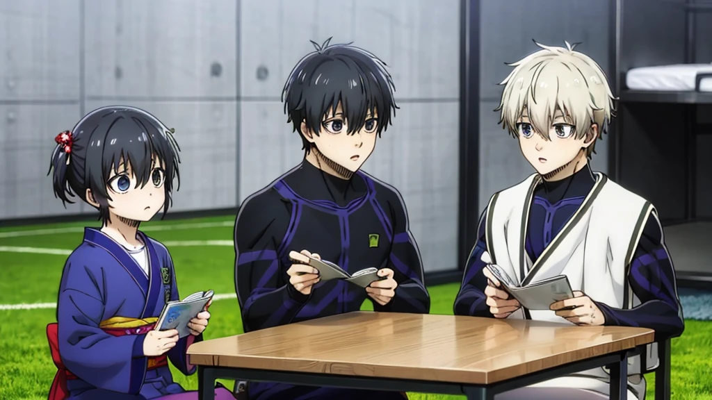 (masterpiece), best quality, expressive eyes, perfect face, cute anime boy, shota, cute, anime cutscene, siblings, domestic, kimono, studying together