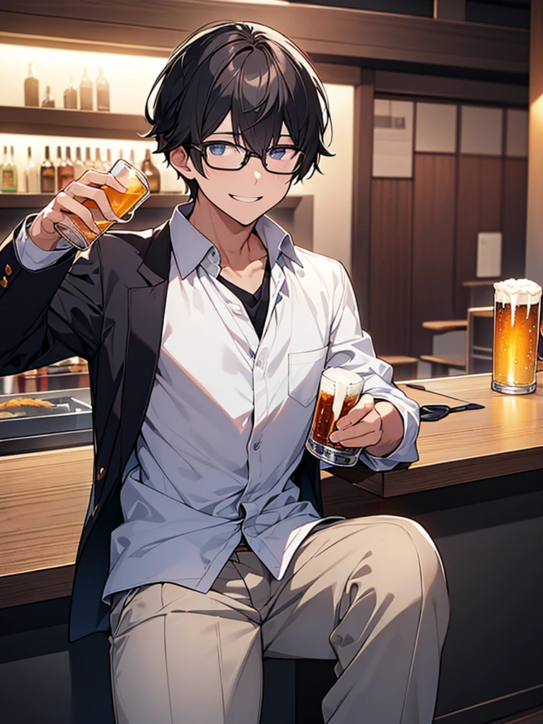 Homem moreno, hair curled wearing glasses in Harry Potter drinking beer