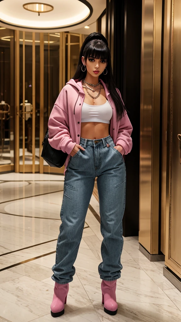 Alisha Lehmann skinny sexy model, black hair with Chinese bangs She is wearing an oversized pink sweatshirt hoodie with big oversized denim jacket street wear tendy wear hands in pockets and big baggy oversized pink sweatpants se has small sexy breasts ankle boots heels sexy skinny thighs,full body view,luxuy hotel lobby hooves earrings, necklace chain,no tattoo walking , big hooves earrings, facing the camera full body view hands in pockets all fingers in pockets oversized high waist baggy pants hands in pockets