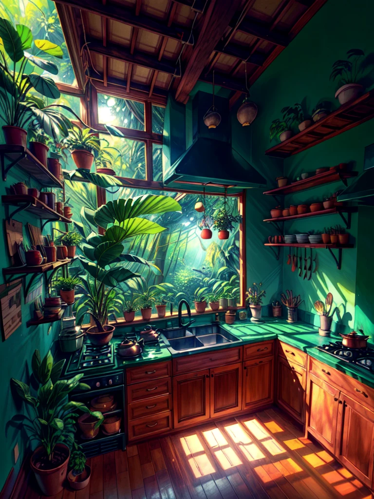 super wide perspective, an indoor view of beautiful indo kitchen, forest visible from window, ghibli anime scene, pots with tropical leafy plants, shelf, organiser, sunrays falling on table, utensils, refrigerator, shadows, cinematic color tones, subtle light, vibrant color tones, ghibli style, no humans, scenery, masterpiece, high resolution