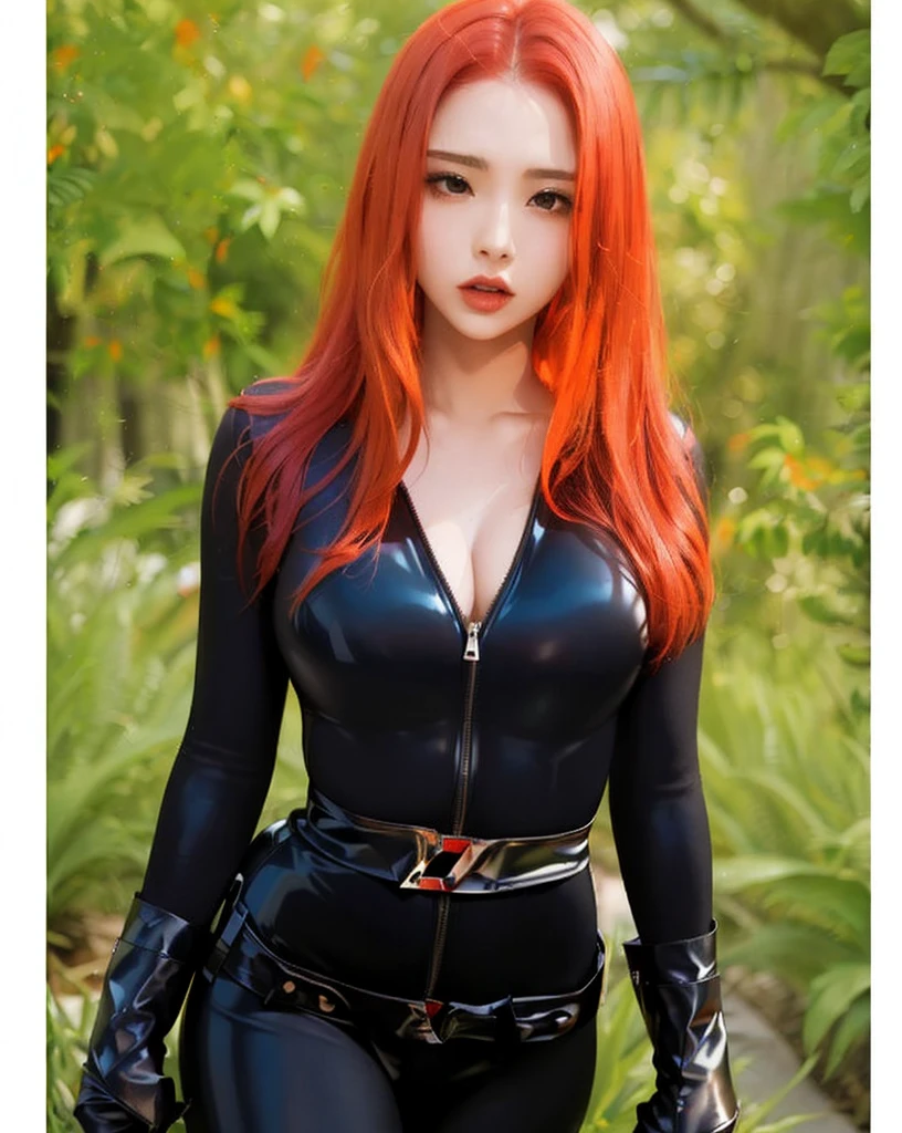 The image portrays a girl with red hair. She is dressed in a sleek skin-tight shiny black latex bodysuit with a deep-cut zipper neckline revealing a large chest, black wrist guard, and a black belt. The woman is standing in an environment characterized by the presence of green plants.
